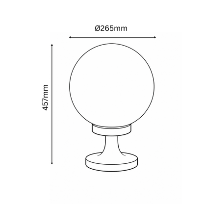 Line drawing of a spherical object on a stand with dimensions labeled