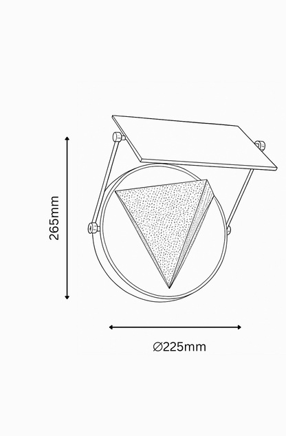 Technical drawing of a circular object with a triangular component, showing dimensions.