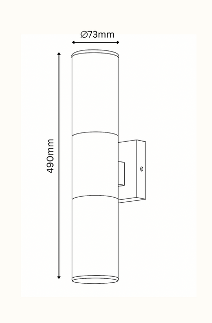Line drawing of a cylindrical wall light fixture with dimensions labeled.