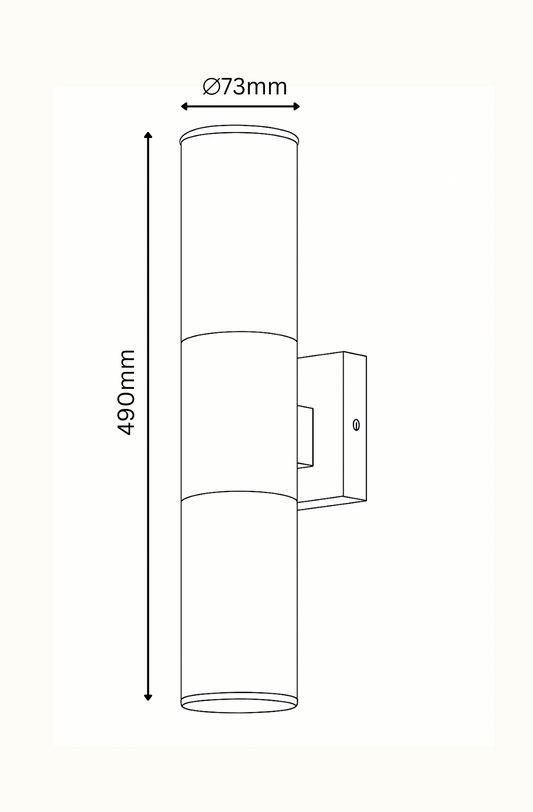 Line drawing of a cylindrical wall light fixture with dimensions labeled.