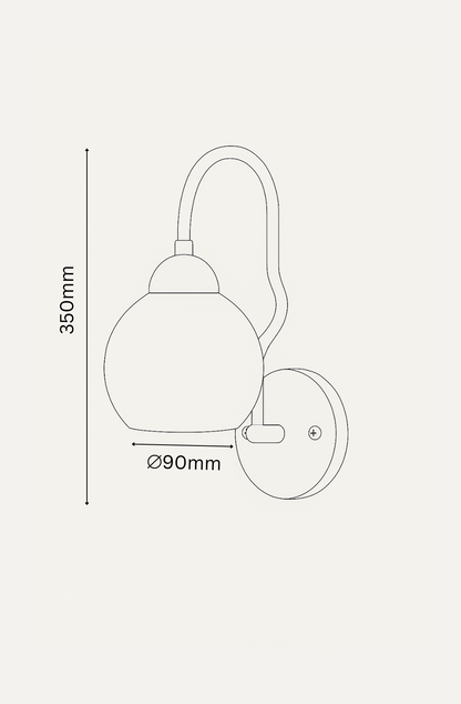 Technical drawing of a wall-mounted light fixture with dimensions on a white background