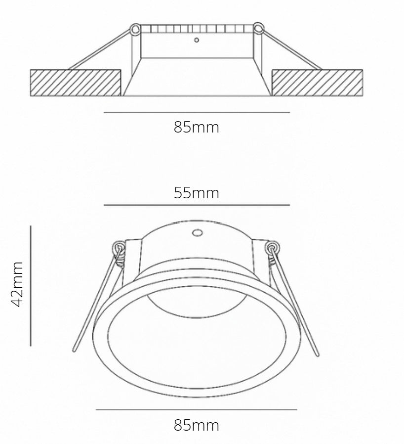 Technical drawing of a recessed spotlight frame 