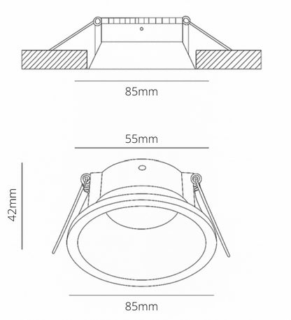 Technical drawing of a recessed spotlight frame 