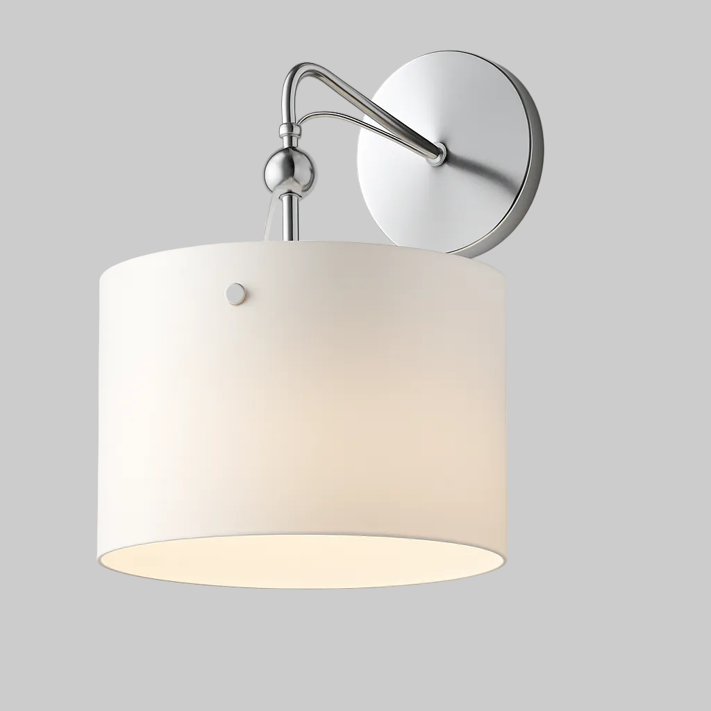 Wall-mounted lamp with white shade and chrome arm with E27 base lamp