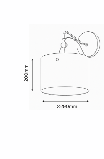 Line drawing of a wall-mounted light fixture with dimensions