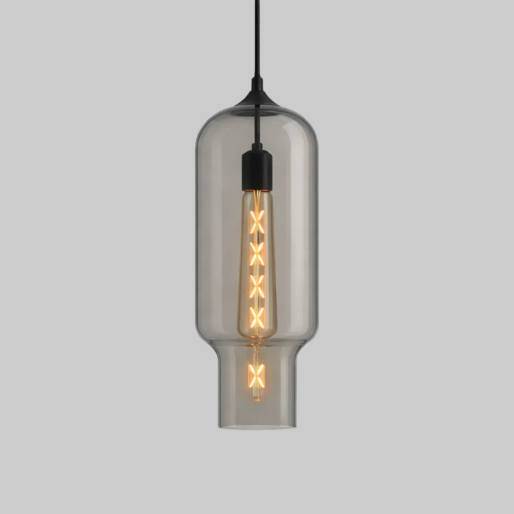 Grey glass pendant light with a clear bulb
