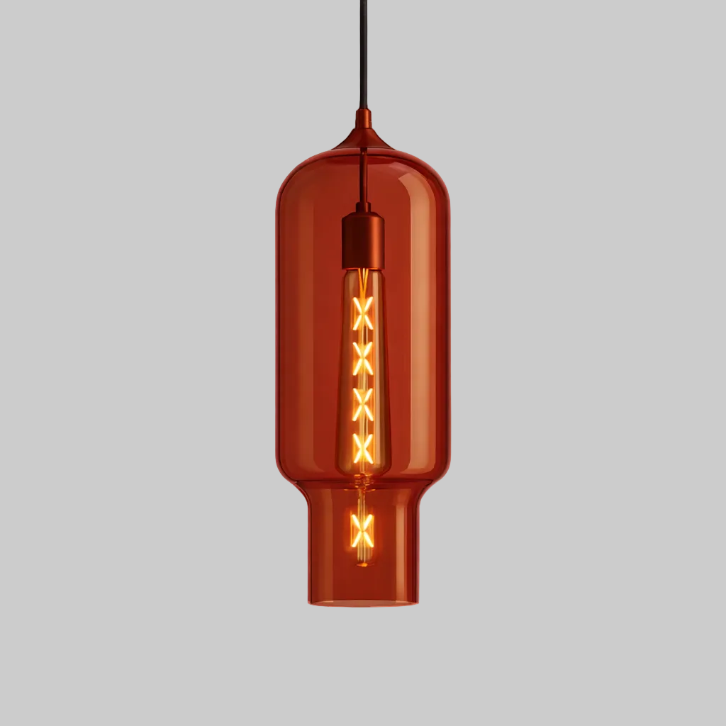 Red glass pendant light with a clear bulb