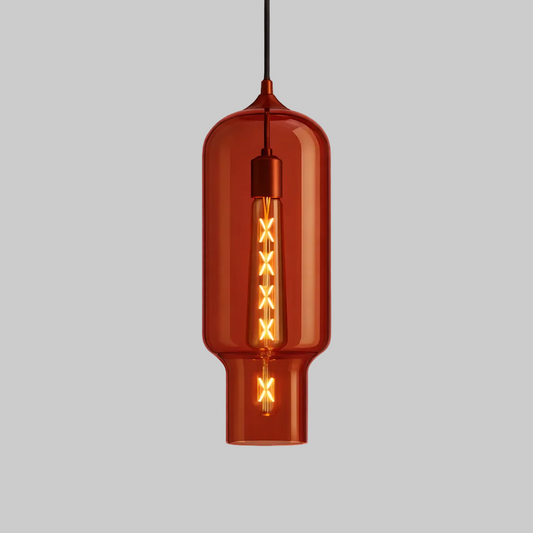 Red glass pendant light with a clear bulb