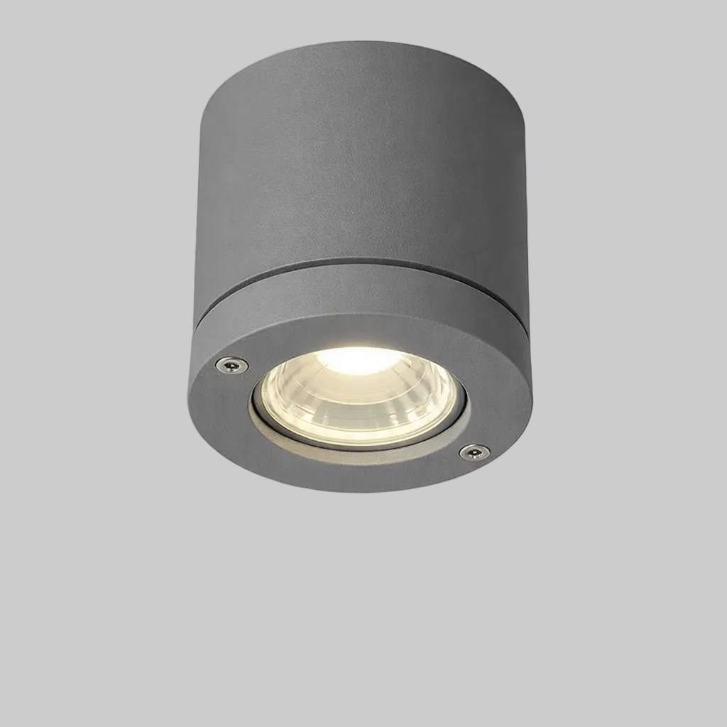 Gray cylindrical ceiling light fixture on a gray background