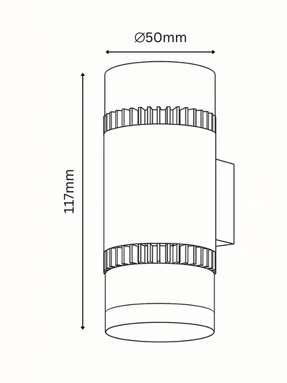 Technical drawing of a cylindrical light fixture with dimensions