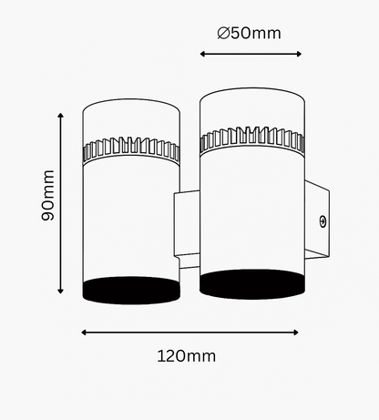 Dimensions of a cylindrical wall light fixture with measurements in millimeters.