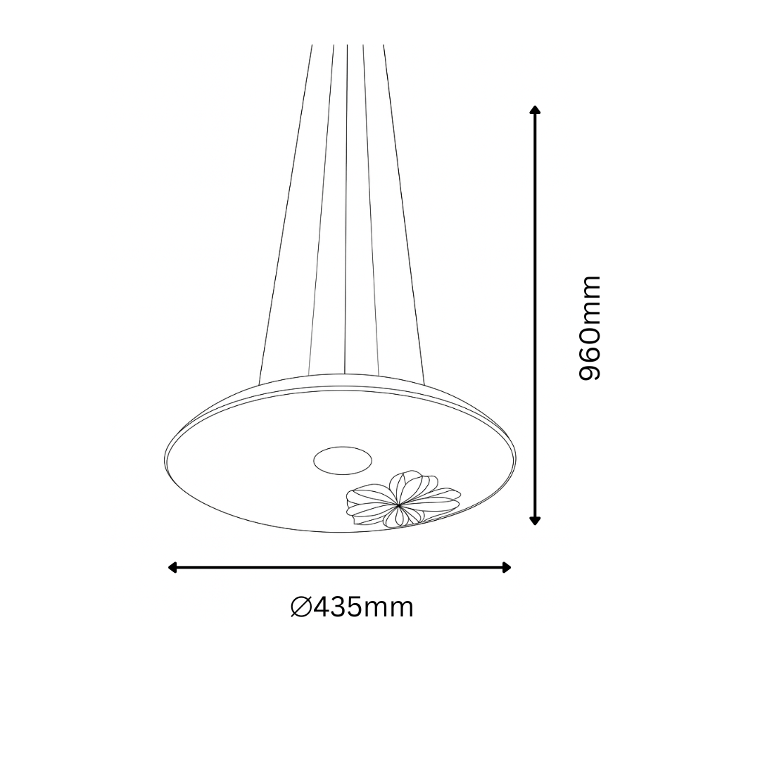 Line drawing of a pendant light with dimensions.