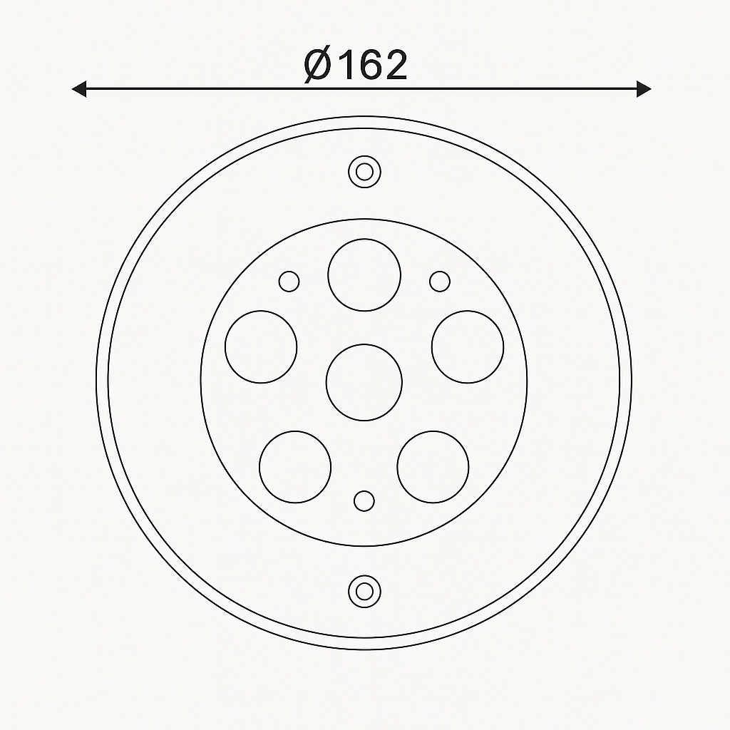 Technical drawing of a circular component with six holes and a diameter of 162mm.
