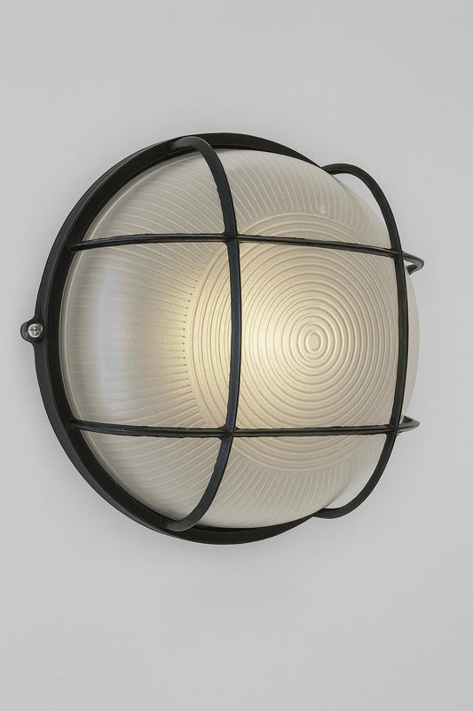 Round wall light fixture with black metal cage with E27 base lamp