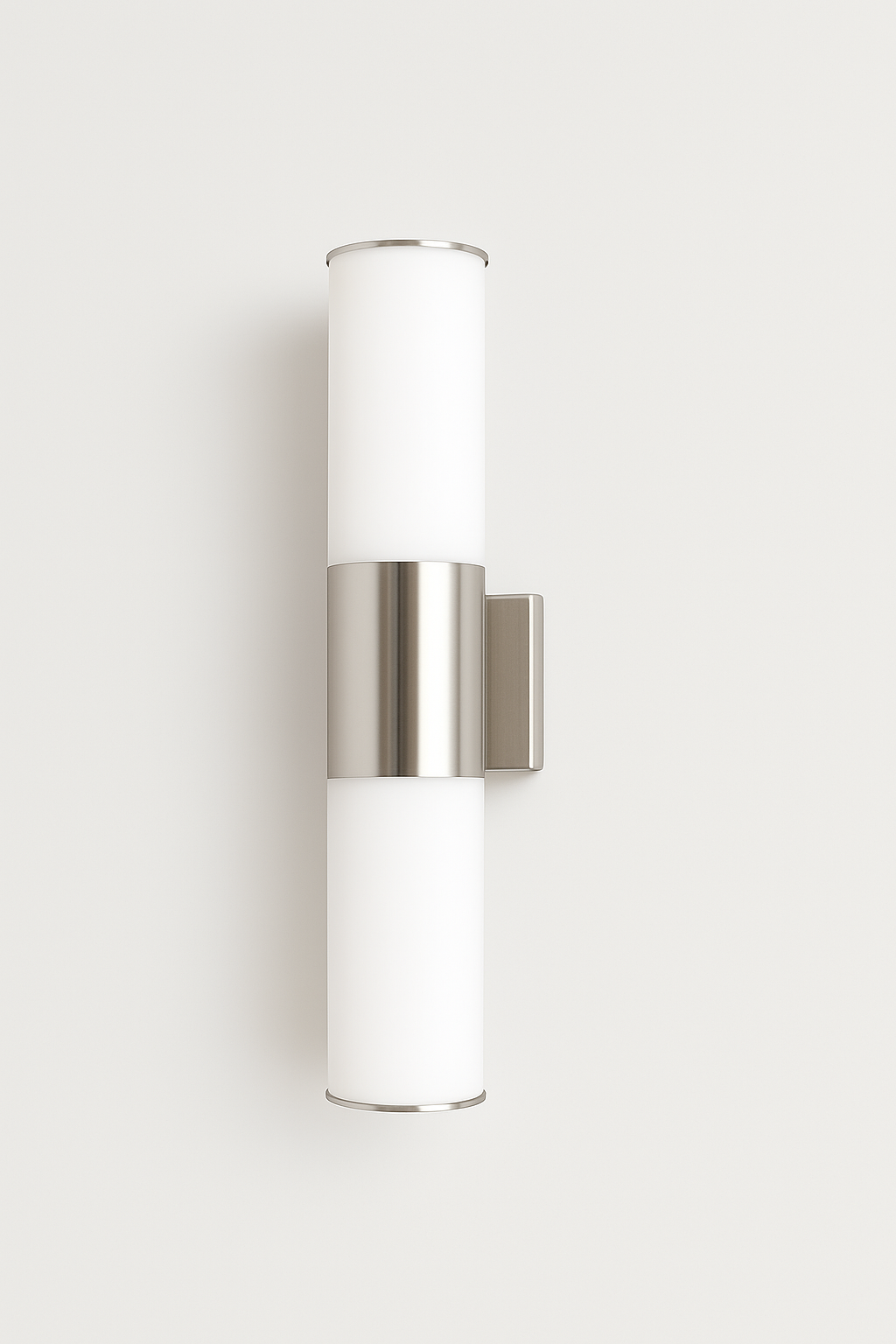 Wall-mounted light fixture with white cylindrical shade and silver base with 2*E27 base lamp
