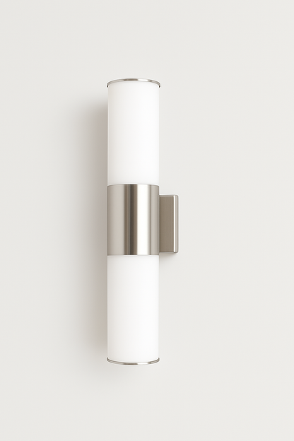 Wall-mounted light fixture with white cylindrical shade and silver base with 2*E27 base lamp