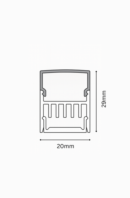 Measurement dimensions of a rectangular component with side lengths 20mm and 29mm on a white background.