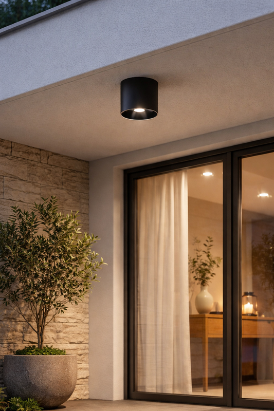 Black mounted downlight fixture with COB base lamp