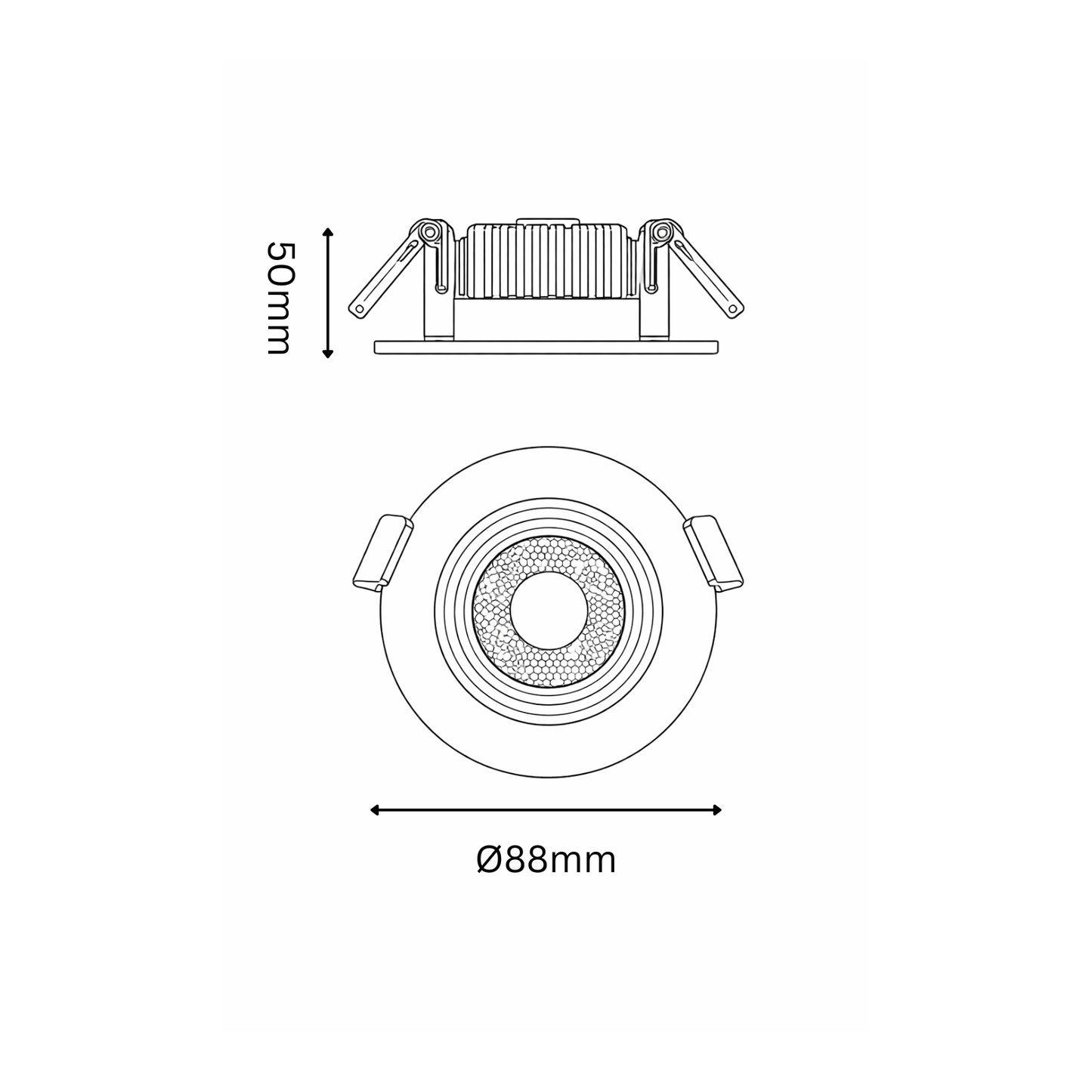 Technical drawing of a round light fixture with dimensions labeled