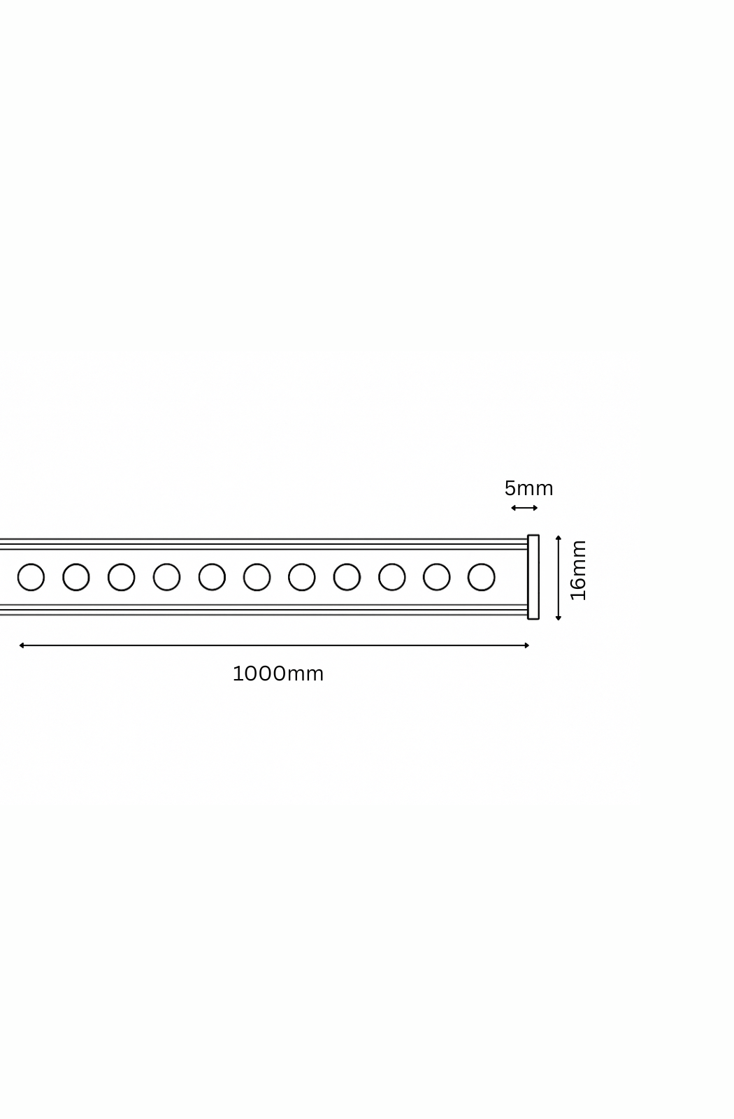 Measurement chart of a strip with circular patterns and dimensions on a white background