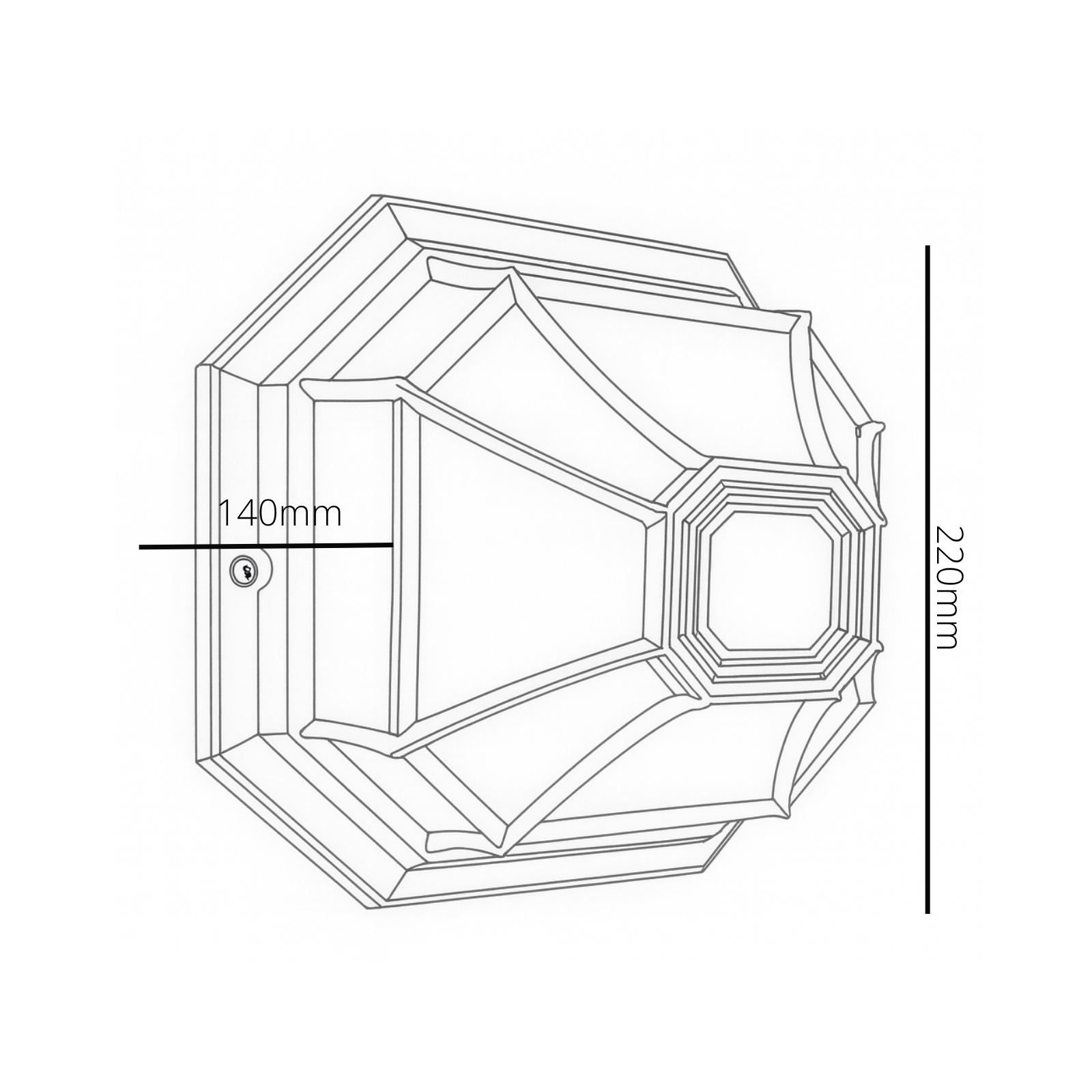 Technical drawing of a hexagonal object with dimensions labeled