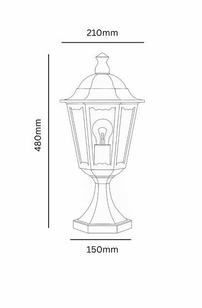 Measurement chart of a decorative outdoor lamp with dimensions labeled.