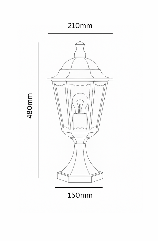 Measurement chart of a decorative outdoor lamp with dimensions labeled.