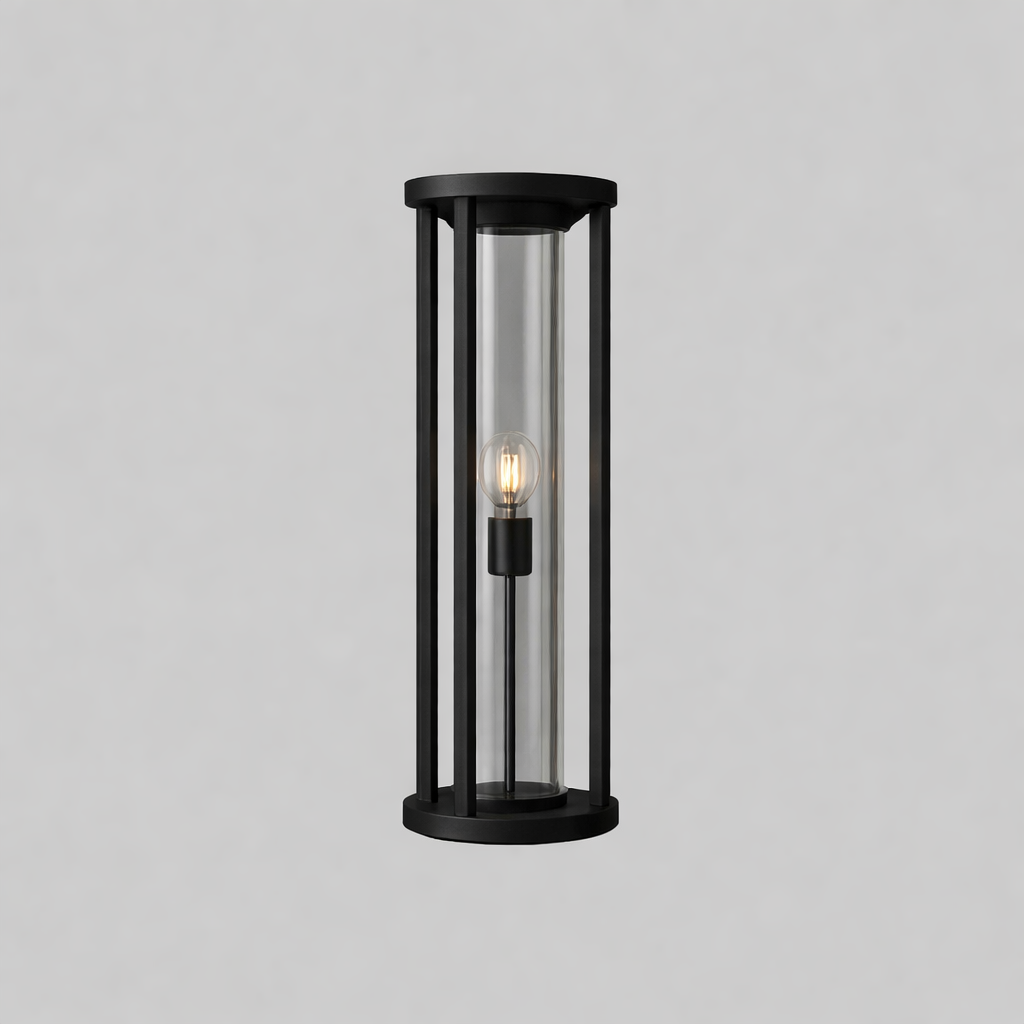 Black cylindrical outdoor lamp with a clear glass cover with E27base lamp
Edge bollade light gul lights 
Edge bollard 
Edge bollard gulf light