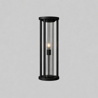 Black cylindrical outdoor lamp with a clear glass cover with E27base lamp
Edge bollade light gul lights 
Edge bollard 
Edge bollard gulf light