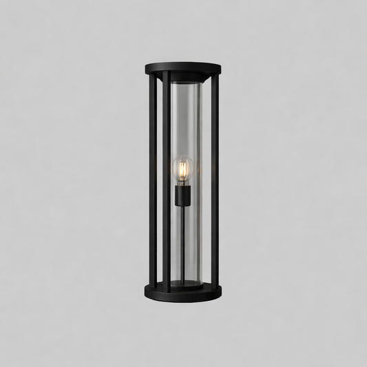 Black cylindrical outdoor lamp with a clear glass cover with E27base lamp
Edge bollade light gul lights 
Edge bollard 
Edge bollard gulf light