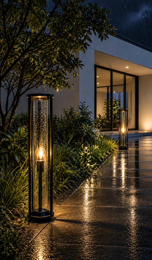 Decorative bollard light in a pathway 