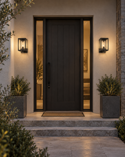 Black outdoor wall light fixture with E27 base lamp