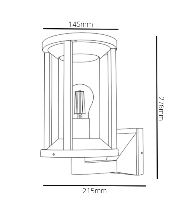 Line drawing of a wall-mounted light fixture with dimensions labeled.