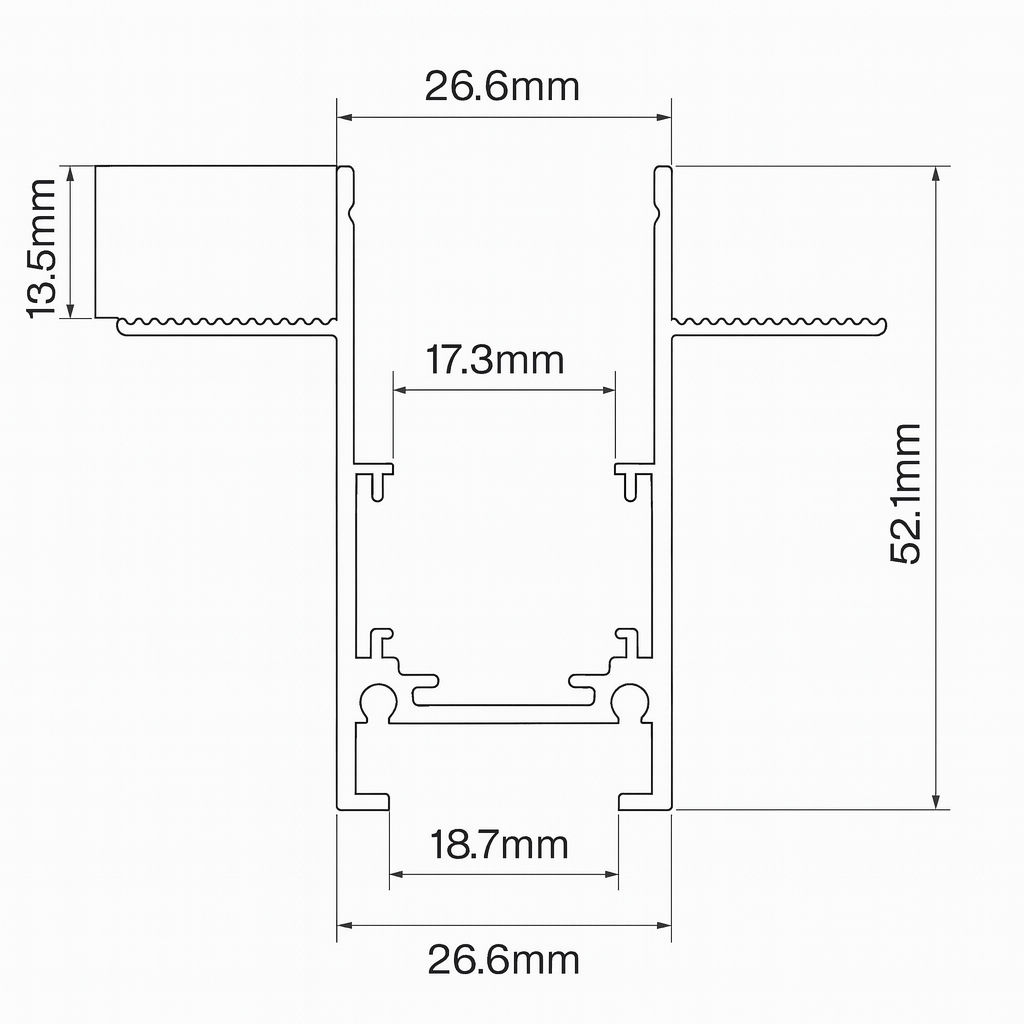 Technical drawing of a rectangular metal profile with dimensions labeled