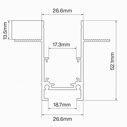 Technical drawing of a rectangular metal profile with dimensions labeled