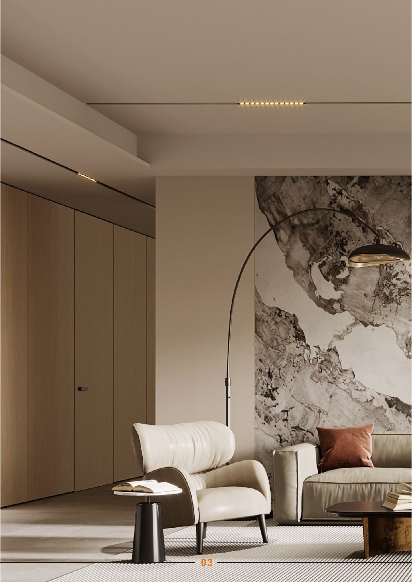 Modern living room with beige armchair, sofa, and abstract wall art.