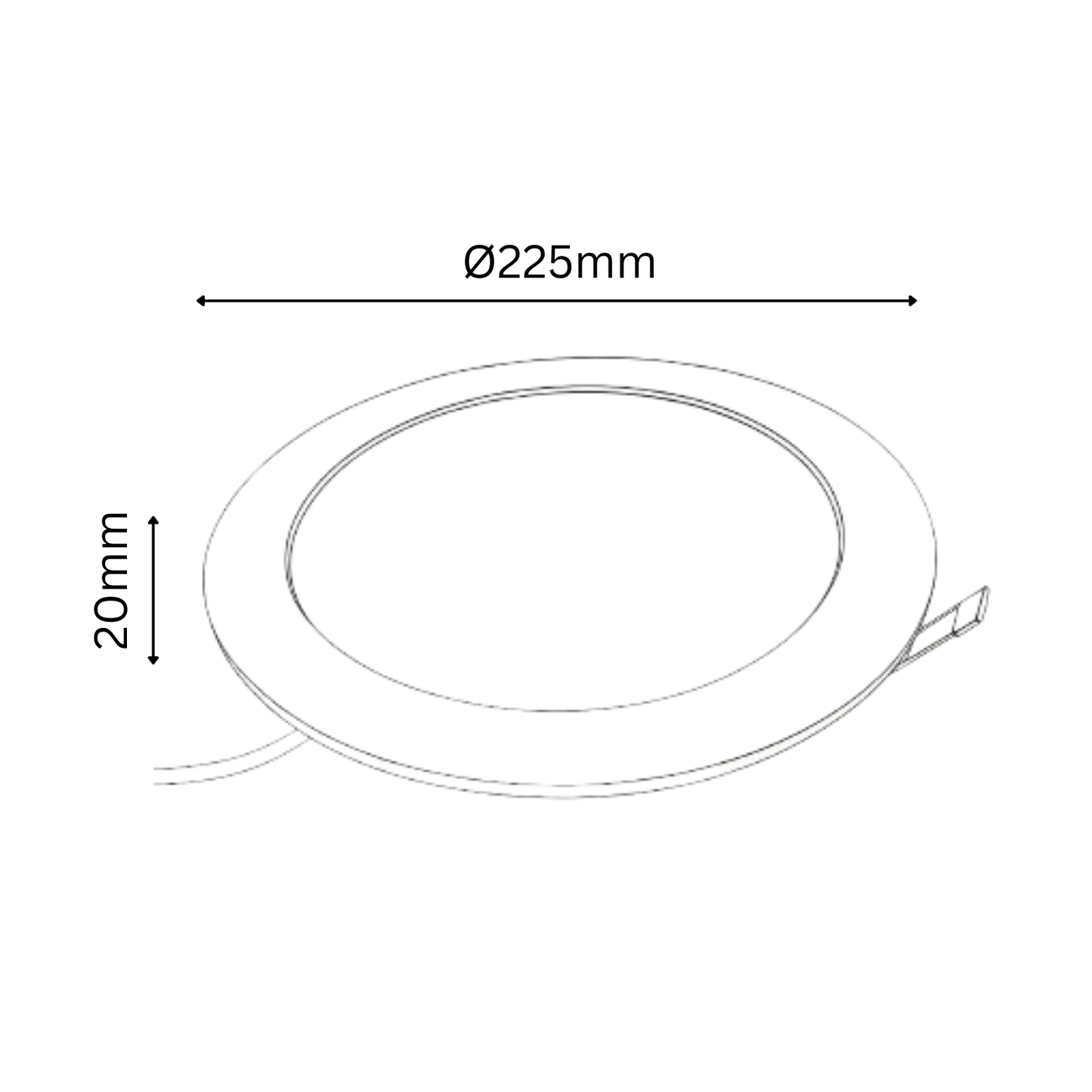 Measurement diagram of a circular object with dimensions 20mm and 225mm on a white background.