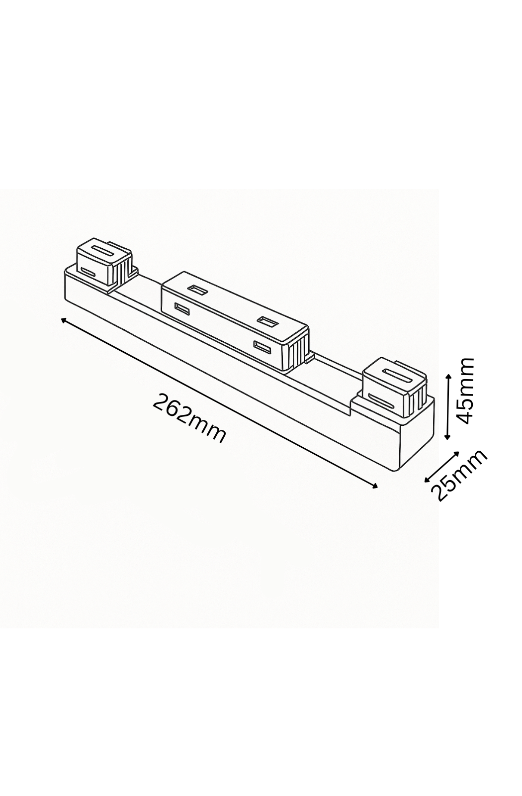 Technical drawing of a linear component with dimensions labeled