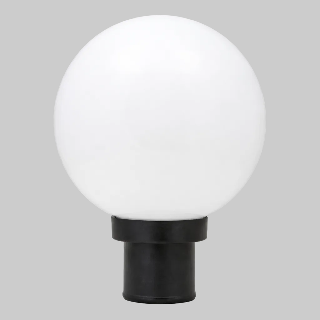 White spherical light fixture with black base 
