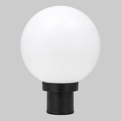 White spherical light fixture with black base 
