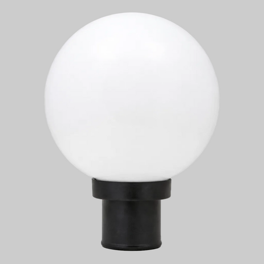 White spherical light fixture with black base 
