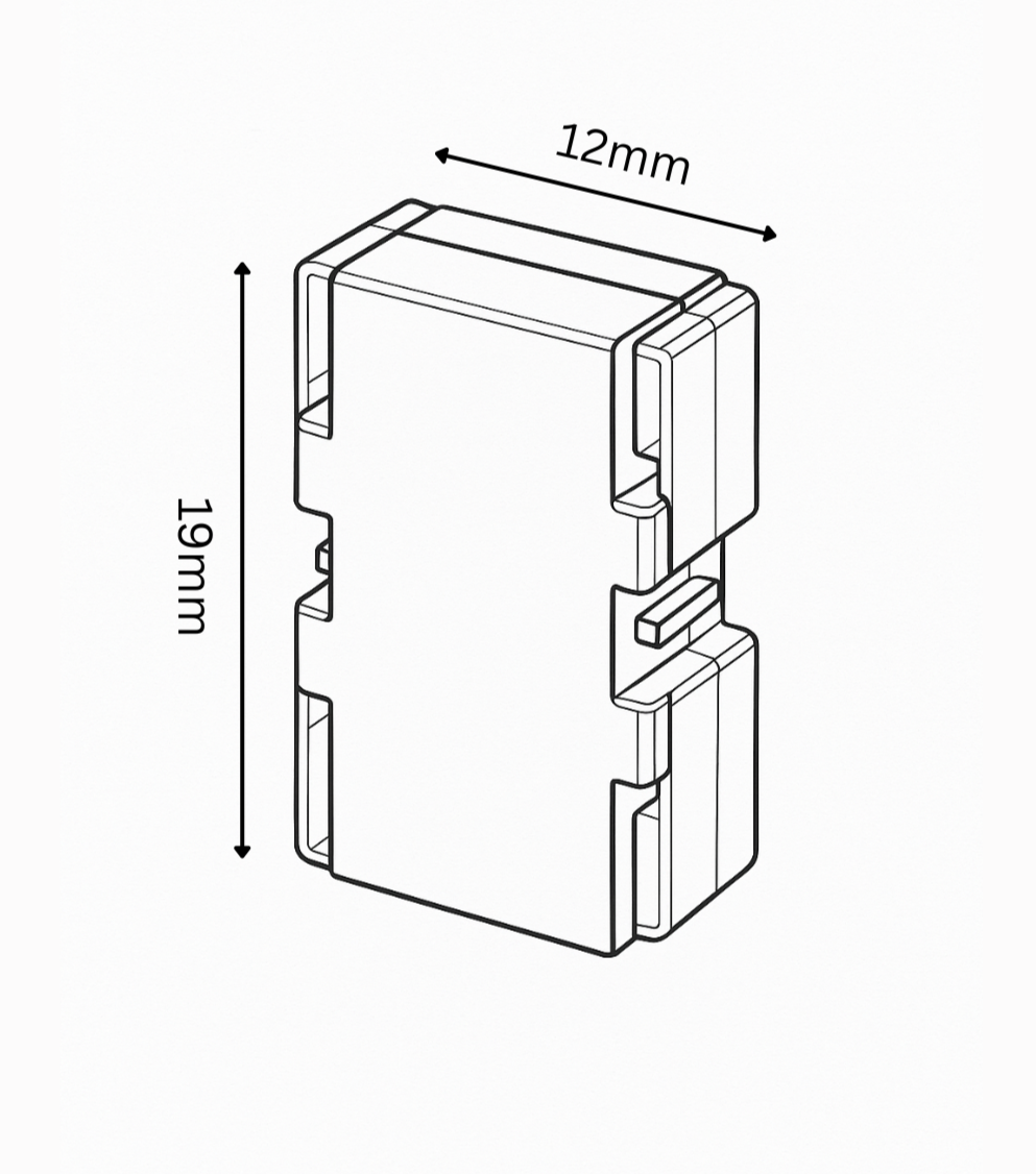 Technical drawing of a rectangular component with dimensions labeled