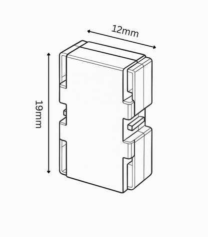 Technical drawing of a rectangular component with dimensions labeled