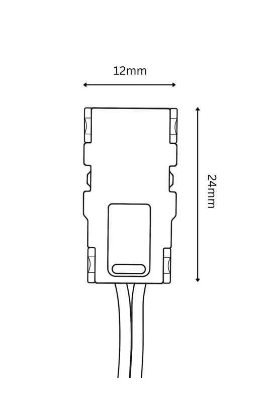 Technical drawing of a small electronic component with dimensions labeled