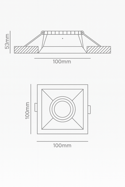 Technical drawing of a square spotlight frame 