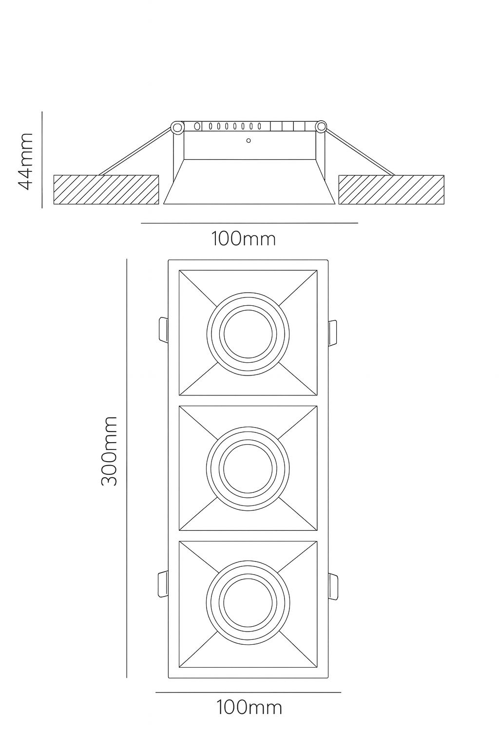Technical drawing of a tripple recessed spot light frame 