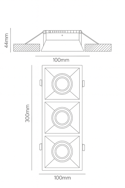 Technical drawing of a tripple recessed spot light frame 