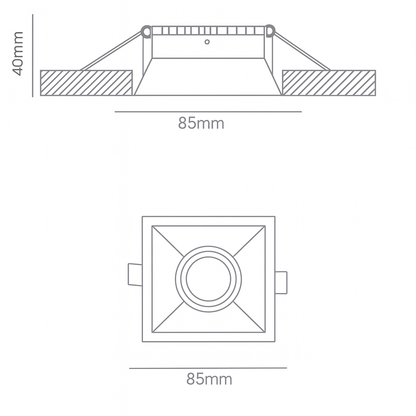 Technical drawing of a square spotlight frame 