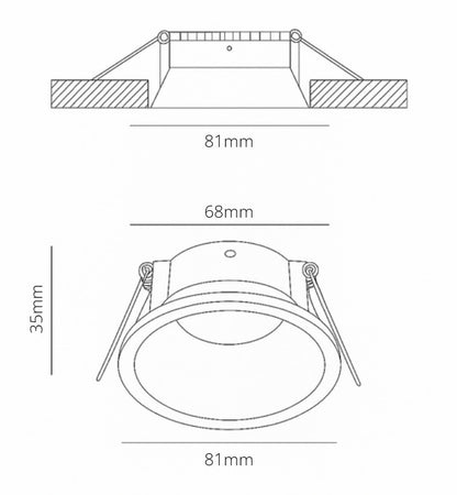 Technical drawing of a deep recessed spotlight frame 