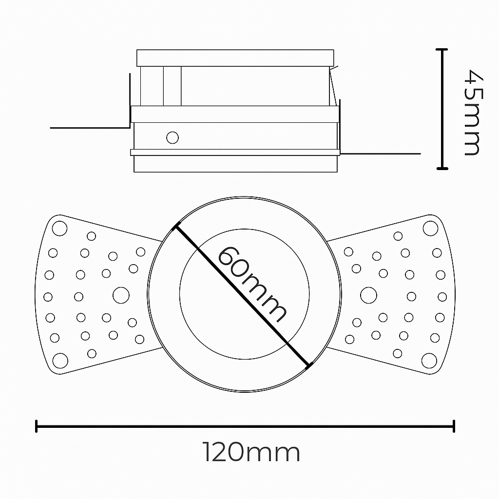 Technical drawing of a trimless spotlight frame 